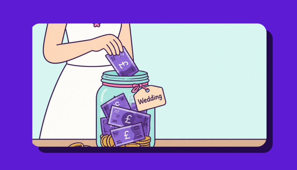 A bride in a white wedding dress placing a purple bank note into a jar labelled "wedding" which contains more notes.